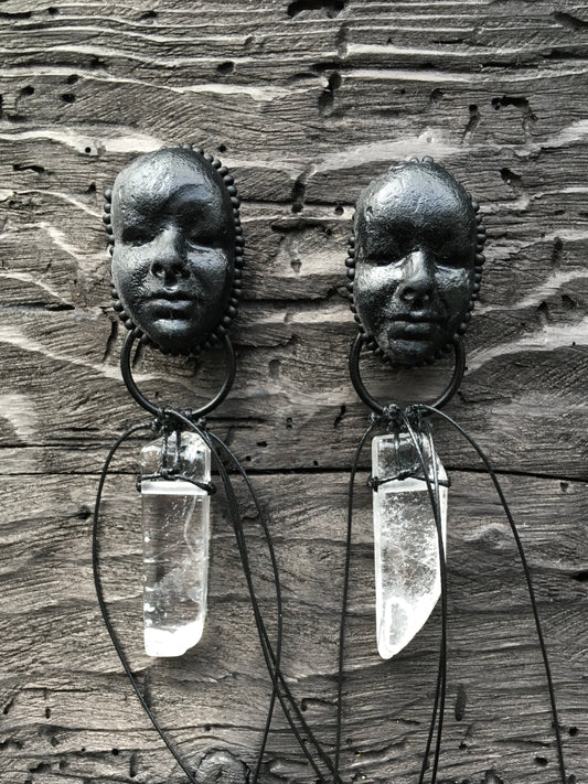 POLYMER CLAY FACE EARRINGS x QUARTZ CRYSTAL