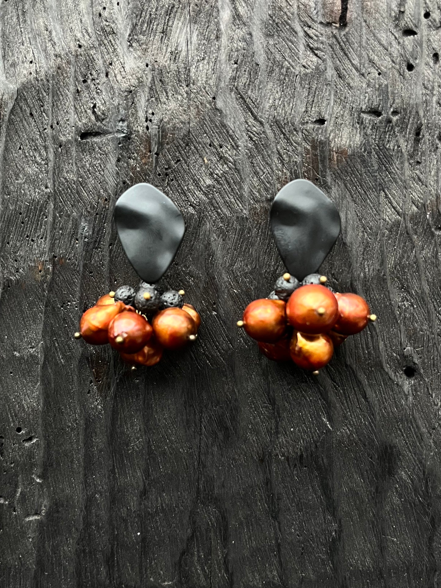 FRESHWATER PEARL AND LAVA EARRINGS