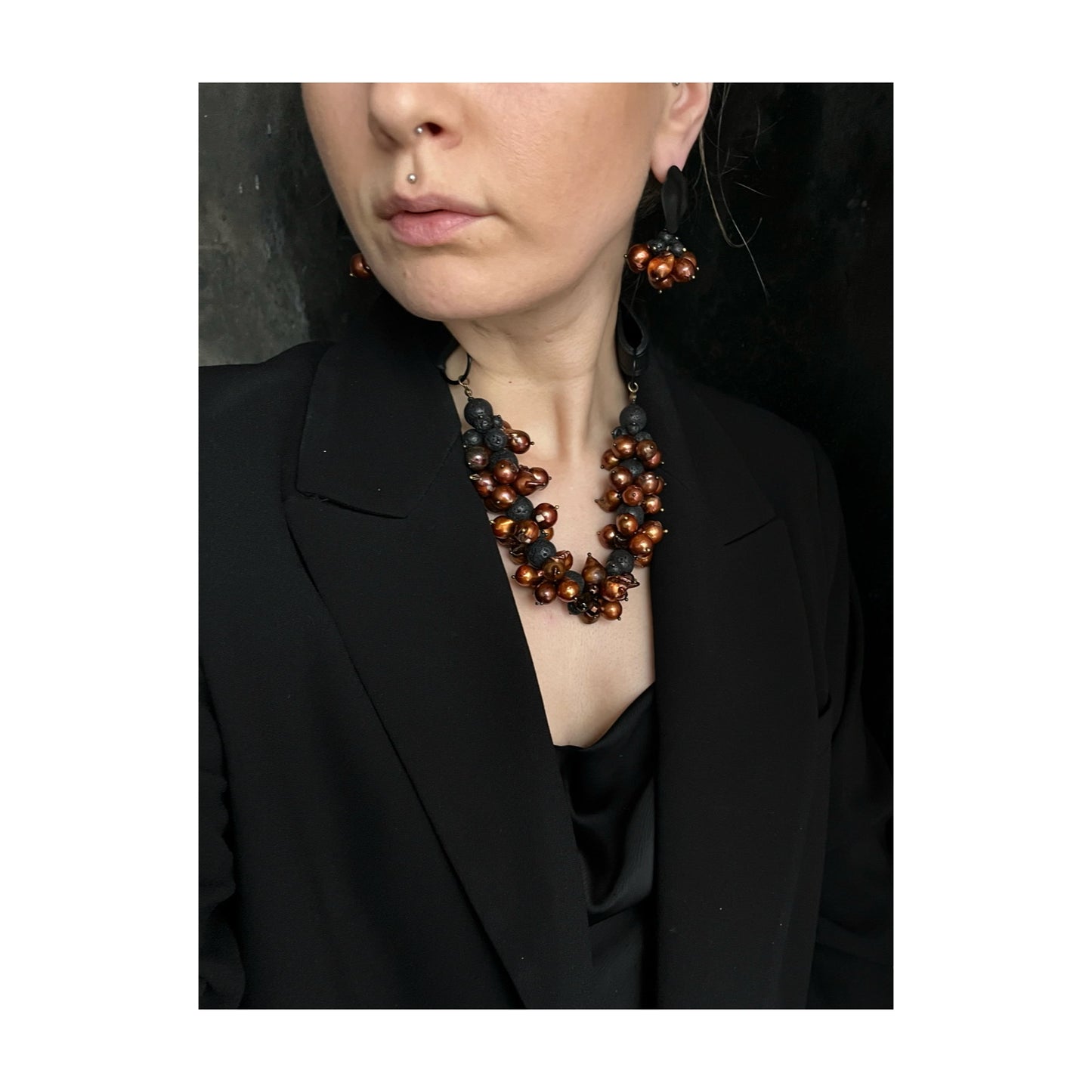 FRESHWATER PEARL AND LAVA EARRINGS